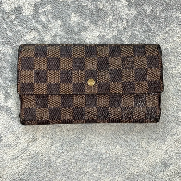 Louis Vuitton Sarah Wallet In Ebene Damier Canvas and Brown Leather Trifold - Picture 1 of 17